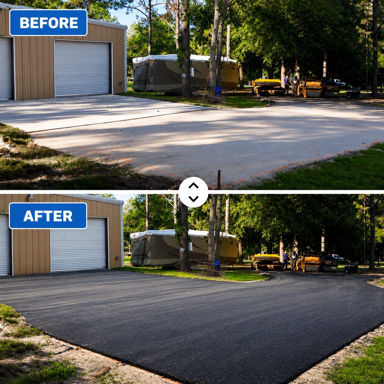 Before and after: bare graded pad transformed into a fresh asphalt driveway at a metal garage