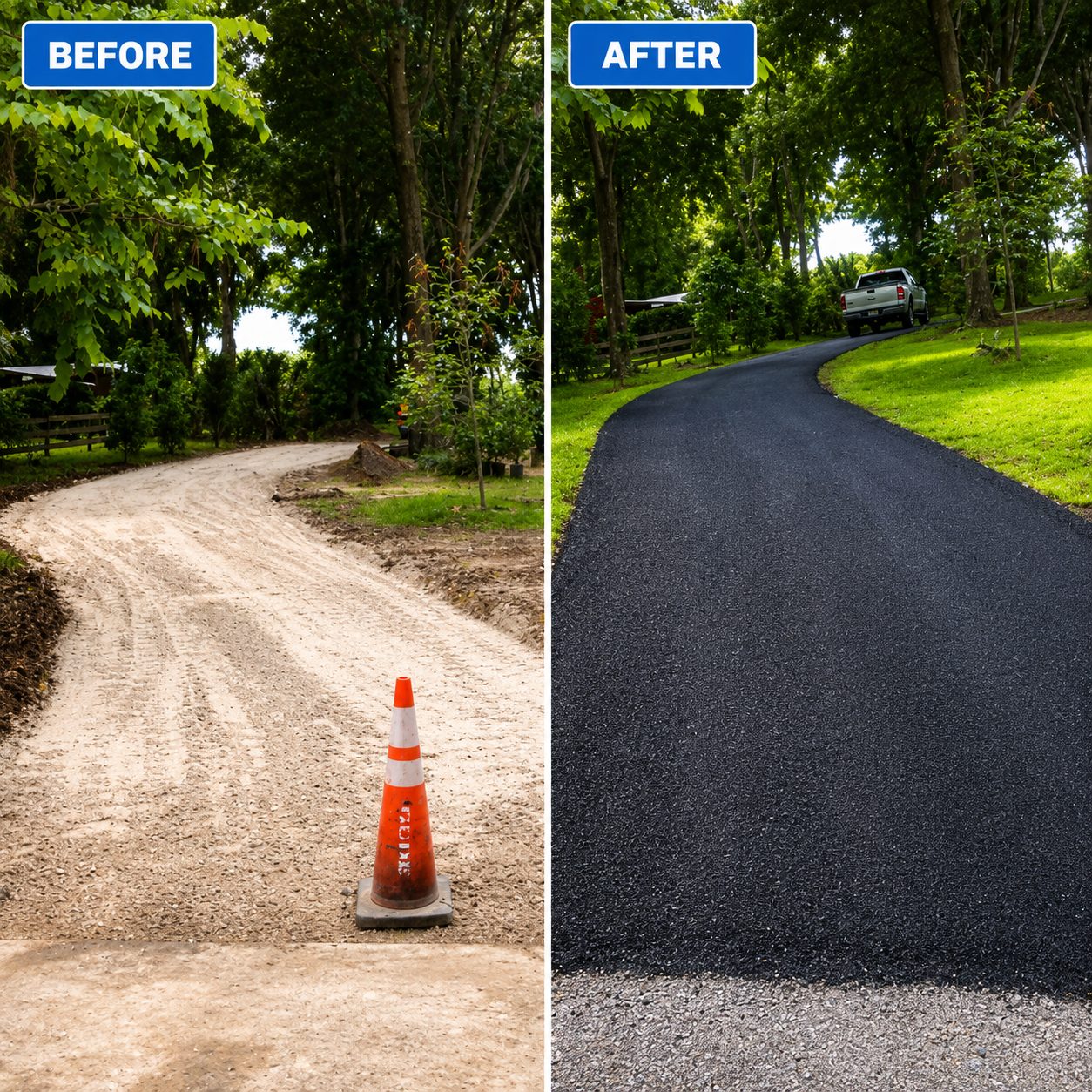 Before and after: worn surface repaved with new asphalt