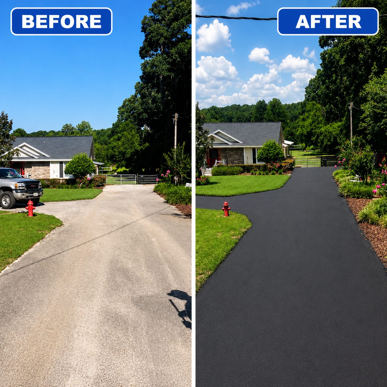 Before and after: cracked pavement restored with a fresh asphalt surface